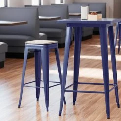 Discount ⌛ LT&S Alloy Series Lancaster Table & Seating Alloy Series Navy Stackable Metal Indoor Industrial Barstool With Gray Wood Seat 🎁
