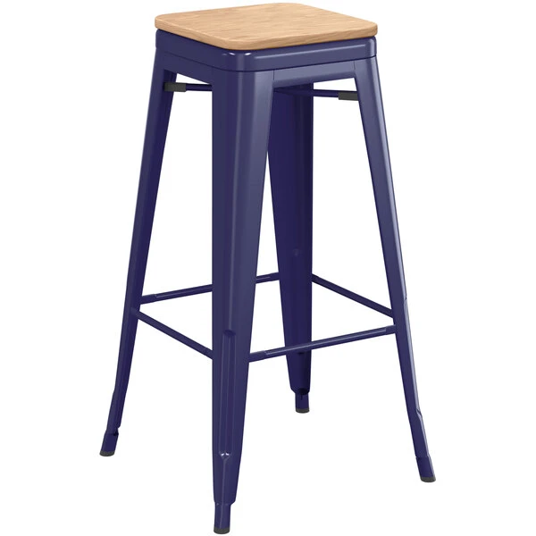 Budget 🔔 LT&S Alloy Series Lancaster Table & Seating Alloy Series Navy Stackable Metal Indoor Industrial Barstool With Natural Wood Seat 🥰 - Image 2
