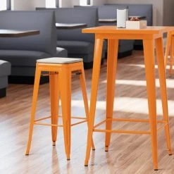 Discount ✔️ LT&S Alloy Series Lancaster Table & Seating Alloy Series Orange Stackable Metal Indoor Industrial Barstool With Gray Wood Seat 🥰