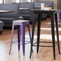 Outlet ⌛ LT&S Alloy Series Lancaster Table & Seating Alloy Series Purple Stackable Metal Indoor Industrial Barstool With Gray Wood Seat 💯