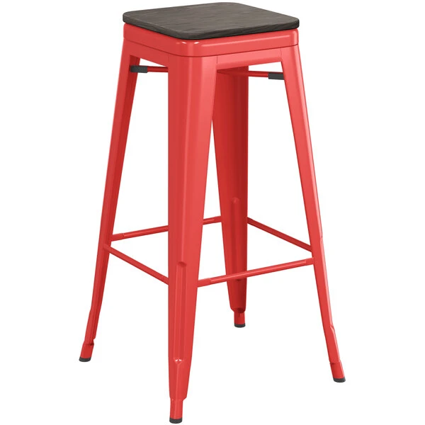 Outlet ✨ LT&S Alloy Series Lancaster Table & Seating Alloy Series Red Metal Indoor Industrial Cafe Bar Height Stool With Black Wood Seat 🔥 - Image 2