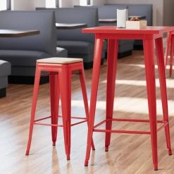 Hot Sale ✔️ LT&S Alloy Series Lancaster Table & Seating Alloy Series Red Metal Indoor Industrial Cafe Bar Height Stool With Natural Wood Seat 😉