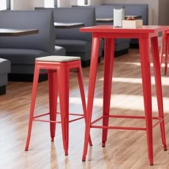 Deals 🤩 LT&S Alloy Series Lancaster Table & Seating Alloy Series Red Stackable Metal Indoor Industrial Barstool With Gray Wood Seat ✔️