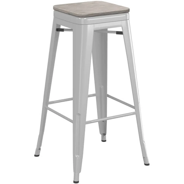 Buy ๐ LT&S Alloy Series Lancaster Table & Seating Alloy Series Silver Stackable Metal Indoor Industrial Barstool With Gray Wood Seat ๐ - Image 2
