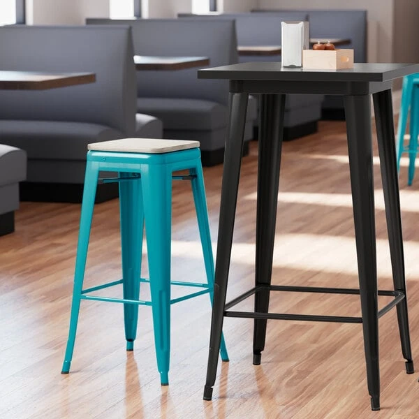 Best Sale ⭐ LT&S Alloy Series Lancaster Table & Seating Alloy Series Teal Stackable Metal Indoor Industrial Barstool With Gray Wood Seat 🌟