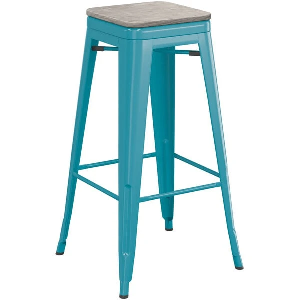 Best Sale ⭐ LT&S Alloy Series Lancaster Table & Seating Alloy Series Teal Stackable Metal Indoor Industrial Barstool With Gray Wood Seat 🌟 - Image 2