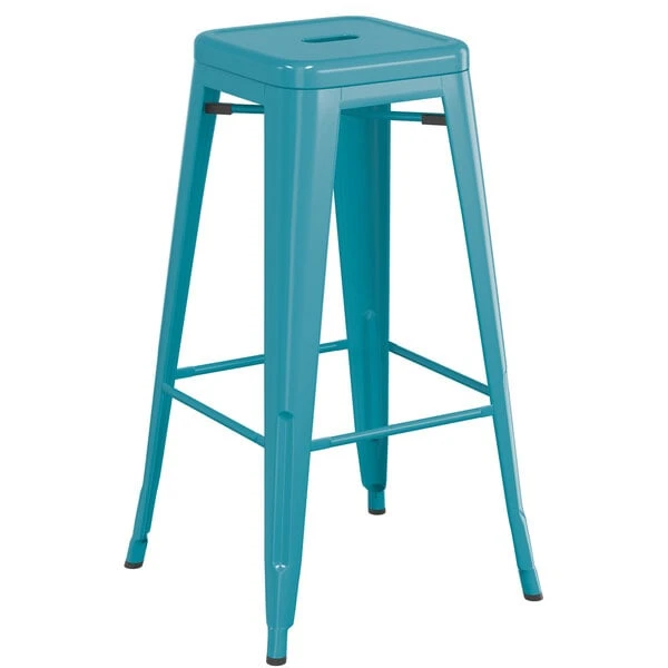 Best Sale ⭐ LT&S Alloy Series Lancaster Table & Seating Alloy Series Teal Stackable Metal Indoor Industrial Barstool With Gray Wood Seat 🌟 - Image 3