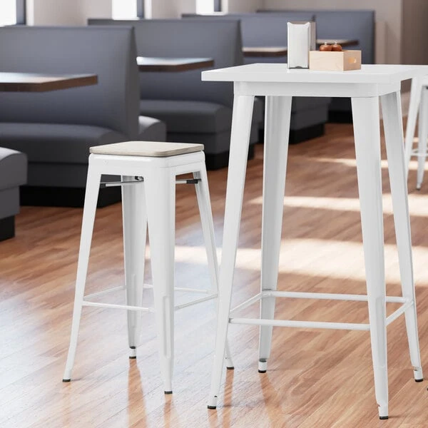 Best Pirce 🤩 LT&S Alloy Series Lancaster Table & Seating Alloy Series White Stackable Metal Indoor Industrial Barstool With Gray Wood Seat ⭐