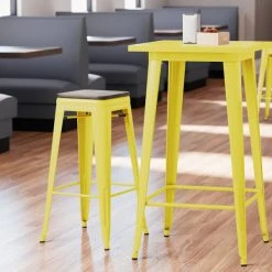 Discount 🎉 LT&S Alloy Series Lancaster Table & Seating Alloy Series Yellow Metal Indoor Industrial Cafe Bar Height Stool With Black Wood Seat 💯