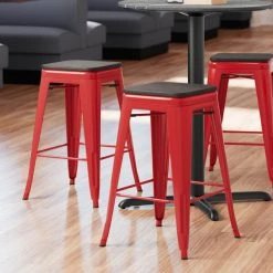 Outlet 🎉 LT&S Alloy Series Lancaster Table & Seating Alloy Series Red Metal Indoor Industrial Cafe Counter Height Stool With Black Wood Seat 🎉