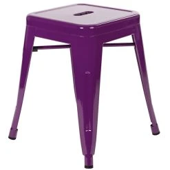 New ⌛ Flash Furniture ET-BT3503-18-PR-GG 18" Purple Stackable Metal Indoor / Outdoor Backless Standard Height Stool With Square Drain Seat - 4/Pack 🎁