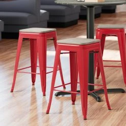 Hot Sale ๐คฉ LT&S Alloy Series Lancaster Table & Seating Alloy Series Red Metal Indoor Industrial Cafe Counter Height Stool With Gray Wood Seat ๐