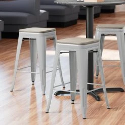 Best Pirce ✨ LT&S Alloy Series Lancaster Table & Seating Alloy Series Silver Metal Indoor Industrial Cafe Counter Height Stool With Gray Wood Seat 💯