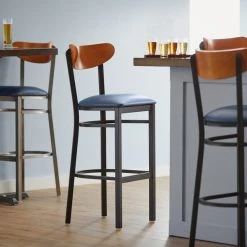 Best deal 🛒 LT&S Boomerang Series Lancaster Table & Seating Boomerang Bar Height Black Chair With Navy Vinyl Seat And Cherry Back 🌟