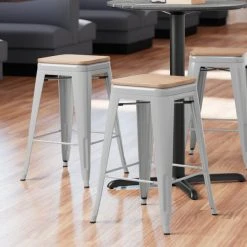Best deal ❤️ LT&S Alloy Series Lancaster Table & Seating Alloy Series Silver Metal Indoor Industrial Cafe Counter Height Stool With Natural Wood Seat 🥰