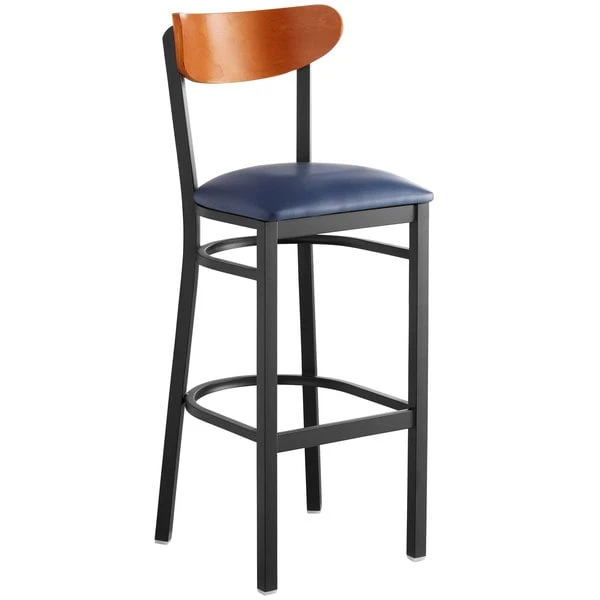 Best deal ๐ LT&S Boomerang Series Lancaster Table & Seating Boomerang Bar Height Black Chair With Navy Vinyl Seat And Cherry Back ๐ - Image 2