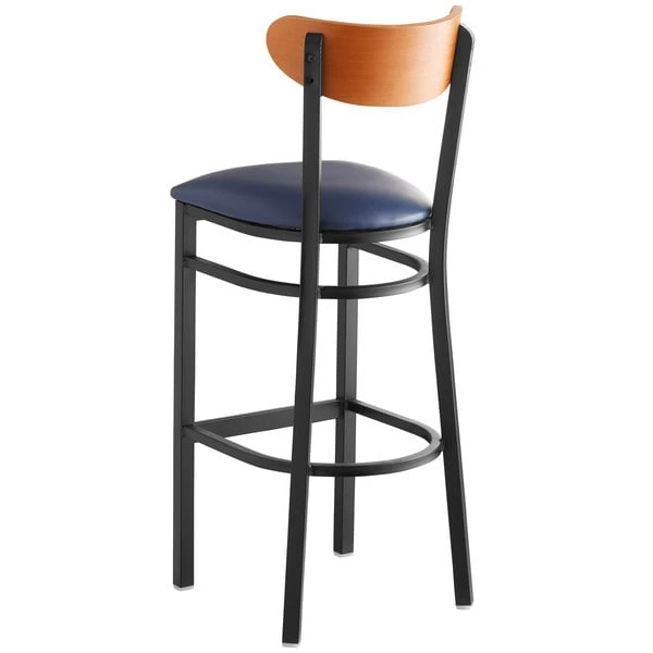 Best deal ๐ LT&S Boomerang Series Lancaster Table & Seating Boomerang Bar Height Black Chair With Navy Vinyl Seat And Cherry Back ๐ - Image 3