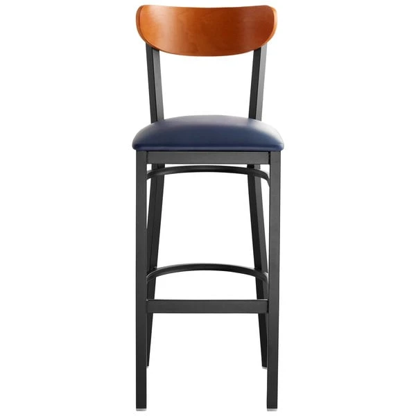 Best deal ๐ LT&S Boomerang Series Lancaster Table & Seating Boomerang Bar Height Black Chair With Navy Vinyl Seat And Cherry Back ๐ - Image 4