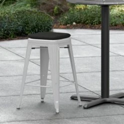 New 🛒 LT&S Alloy Series Lancaster Table & Seating Alloy Series Silver Stackable Metal Indoor / Outdoor Industrial Cafe Counter Height Stool With Black Fabric Magnetic Cushion 😍
