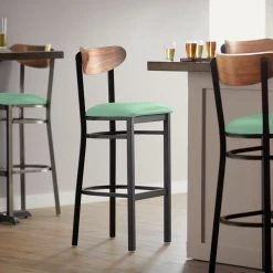 Wholesale ๐ LT&S Boomerang Series Lancaster Table & Seating Boomerang Bar Height Black Chair With Seafoam Vinyl Seat And Vintage Wood Back ๐งจ