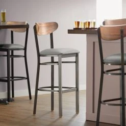 Best Sale 😉 LT&S Boomerang Series Lancaster Table & Seating Boomerang Bar Height Clear 🧥 Coat Chair With Light Gray Vinyl Seat And Vintage Wood Back 💯