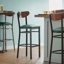 Deals ⌛ LT&S Boomerang Series Lancaster Table & Seating Boomerang Bar Height Black Chair With Green Vinyl Seat And Antique Walnut Back 🎁