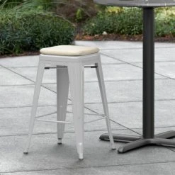 Hot Sale ✔️ LT&S Alloy Series Lancaster Table & Seating Alloy Series Silver Stackable Metal Indoor / Outdoor Industrial Cafe Counter Height Stool With Tan Fabric Magnetic Cushion 🎁