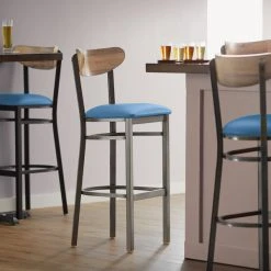 Cheapest ⭐ LT&S Boomerang Series Lancaster Table & Seating Boomerang Bar Height Clear 🧥 Coat Chair With Blue Vinyl Seat And Driftwood Back ✔️