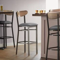 Best Pirce 👏 LT&S Boomerang Series Lancaster Table & Seating Boomerang Bar Height Clear 🧥 Coat Chair With Dark Gray Vinyl Seat And Driftwood Back 🤩
