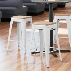Cheap ๐ LT&S Alloy Series Lancaster Table & Seating Alloy Series White Metal Indoor Industrial Cafe Counter Height Stool With Natural Wood Seat ๐ฏ