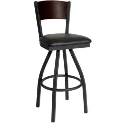 Coupon 💯 BFM Seating 2150SBLV-WASB Dale Sand Black Metal Swivel Bar Height Chair With Walnut Finish Wooden Back And 2" Black Vinyl Seat 🎁