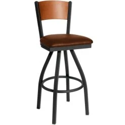 Best Pirce 🔔 BFM Seating 2150SLBV-CHSB Dale Sand Black Metal Swivel Bar Height Chair With Cherry Finish Wooden Back And 2" Light Brown Vinyl Seat 🔥