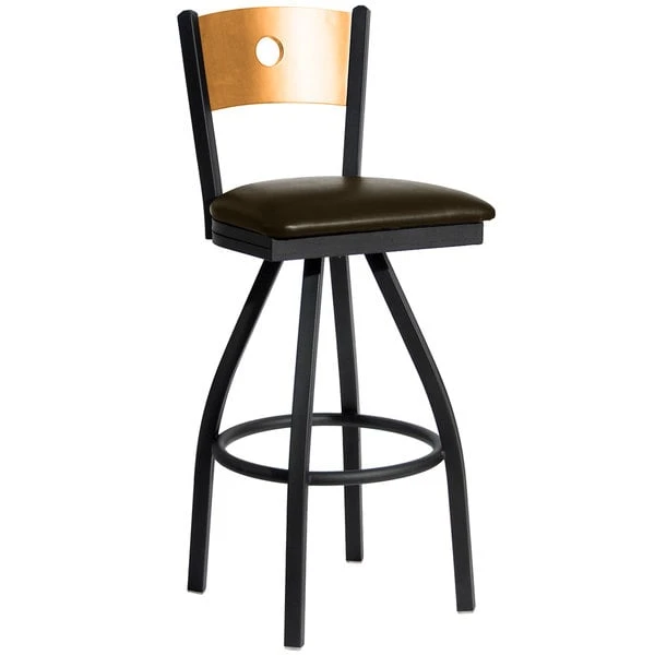 Deals 🔥 BFM Seating 2152SDBV-NTSB Darby Sand Black Metal Bar Height Chair With Natural Wooden Back And 2" Dark Brown Vinyl Swivel Seat 🧨