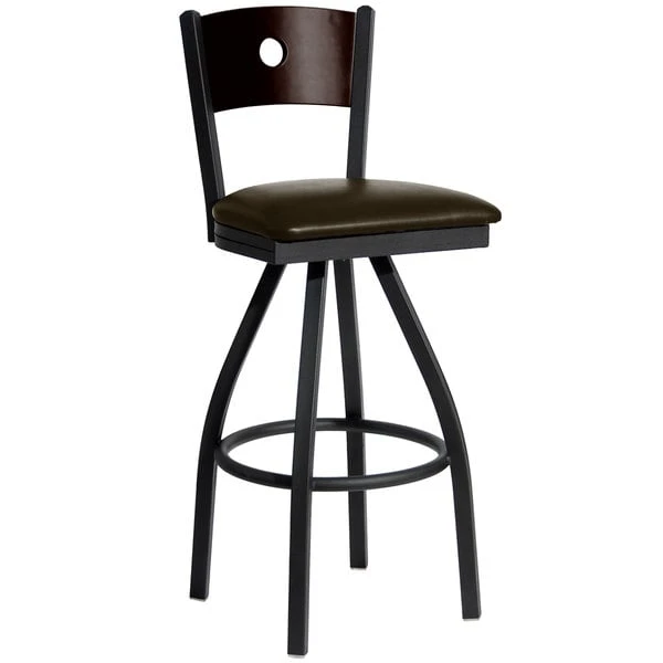 Cheapest ๐ BFM Seating 2152SDBV-WASB Darby Sand Black Metal Bar Height Chair With Walnut Wooden Back And 2" Dark Brown Vinyl Swivel Seat ๐