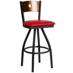 Cheapest 😍 BFM Seating 2152SRDV-CHSB Darby Sand Black Metal Bar Height Chair With Cherry Wooden Back And 2" Red Vinyl Swivel Seat 🧨