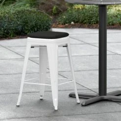 Coupon ⌛ LT&S Alloy Series Lancaster Table & Seating Alloy Series White Stackable Metal Indoor / Outdoor Industrial Cafe Counter Height Stool With Black Fabric Magnetic Cushion ⌛