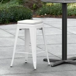 Outlet 💯 LT&S Alloy Series Lancaster Table & Seating Alloy Series White Stackable Metal Indoor / Outdoor Industrial Cafe Counter Height Stool With Gray Fabric Magnetic Cushion 🔔