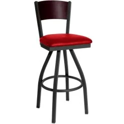 Coupon 🛒 BFM Seating 2150SRDV-MHSB Dale Sand Black Metal Swivel Bar Height Chair With Mahogany Finish Wooden Back And 2" Red Vinyl Seat 🛒
