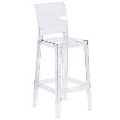 Best Pirce 🛒 Flash Furniture OW-SQUAREBACK-29-GG Ghost Transparent Polycarbonate Outdoor / Indoor Bar Height Stool With Square Back 😀