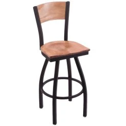 Cheap 💯 Holland Bar Stool Black Steel Logo Laser Engraved Bar Height Swivel Chair With Maple Back And Seat 🌟
