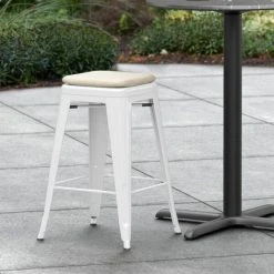 Deals ✨ LT&S Alloy Series Lancaster Table & Seating Alloy Series White Stackable Metal Indoor / Outdoor Industrial Cafe Counter Height Stool With Tan Fabric Magnetic Cushion ✨