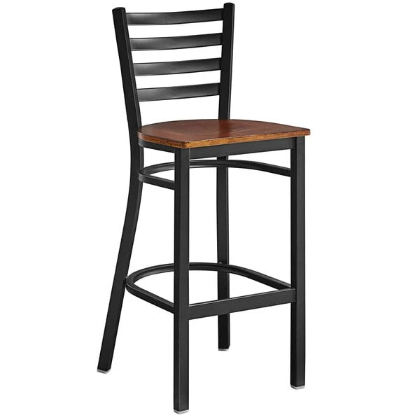 Buy ๐ Lancaster Table & Seating Black Frame Ladder Back Bar Height Chair With Antique Walnut Wood Seat ๐ - Image 2