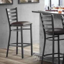 Budget ⌛ Lancaster Table & Seating Black Frame Ladder Back Bar Height Chair With Dark Brown Padded Seat 👍
