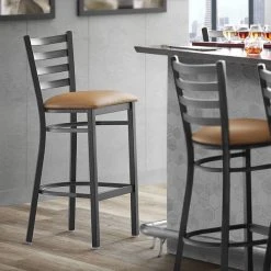 Best reviews of ๐ Lancaster Table & Seating Black Frame Ladder Back Bar Height Chair With Light Brown Padded Seat ๐