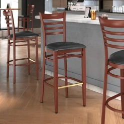 Budget 🤩 LT&S Spartan Series Lancaster Table & Seating Spartan Series Bar Height Metal Ladder Back Chair With Mahogany Wood Grain Finish And Black Vinyl Seat 😉