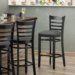 Deals 💯 Lancaster Table & Seating Black Finish Wooden Ladder Back Bar Height Chair With Dark Gray Padded Seat 🥰