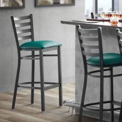 Cheap 🌟 Lancaster Table & Seating Black Frame Ladder Back Bar Height Chair With Green Padded Seat 👏