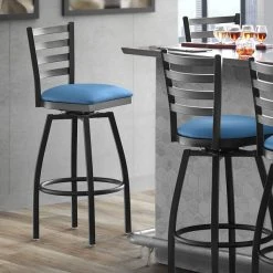 Best deal 👍 Lancaster Table & Seating Black Ladder Back Swivel Bar Height Chair With Blue Padded Seat ⌛