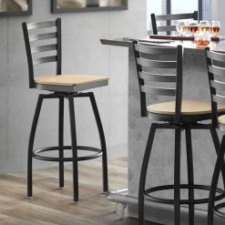 Discount ⌛ Lancaster Table & Seating Black Top Frame Ladder Back Swivel Bar Height Chair With Natural Wood Seat 😀