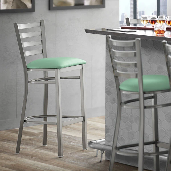 Coupon ✨ Lancaster Table & Seating Clear 🧥 Coat Ladder Back Bar Height Chair With Seafoam Padded Seat 🤩